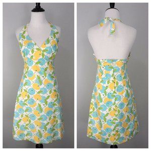 LILLY PULITZER Blue Yellow White Lemon Blueberry Citron V-Neck Halter Dress Sz 2